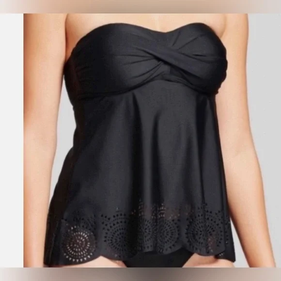 NWT Twist Bandeau Laser Cut Scalloped Hem Tankini Swim Top - Picture 1 of 7